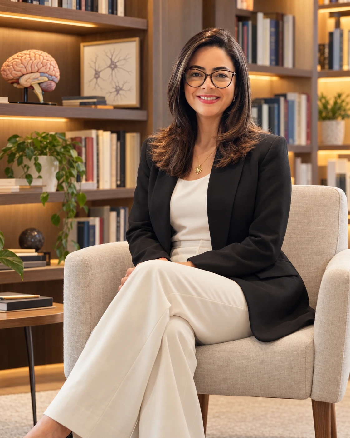Retrato editorial de Aline Alves, de blazer preto e roupa clara, diante de uma biblioteca de psicologia
